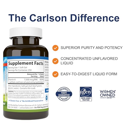 Carlson Vitamin A, 25000 IU (7500 mcg RAE), Vision Health, 250 Softgels - Image 2