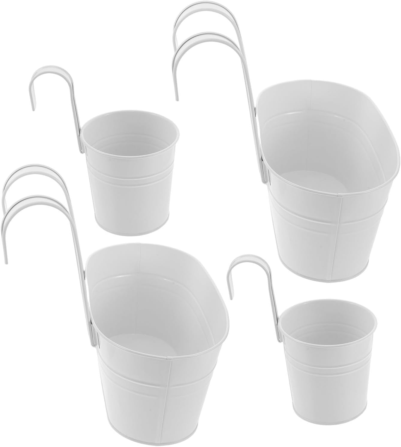 4pcs Railing Hanging Planter Set with Hooks, Metal White round Oval