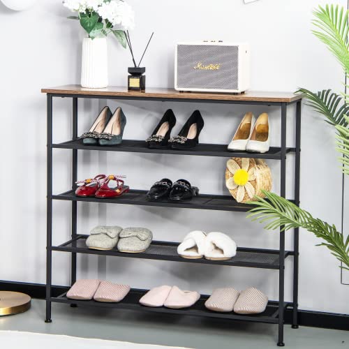 Tangkula 5-Tier Metal Shoe Rack, Freestanding Shoe Storage Organizer with Flat Mesh Shelf & Wooden Top for 16-20 Pairs, Industrial Shoe Storage Rack for Entryway, Hallway, Living Room, Rustic Brown