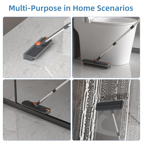 Image of Scrub Brush with Long Handle, Floor Scrub Brush Squeegee Broom for Cleaning, 3 in 1 Shower Scrubber Floor Broom Squeegee for Concrete Tile Wall Deck Patio Grey