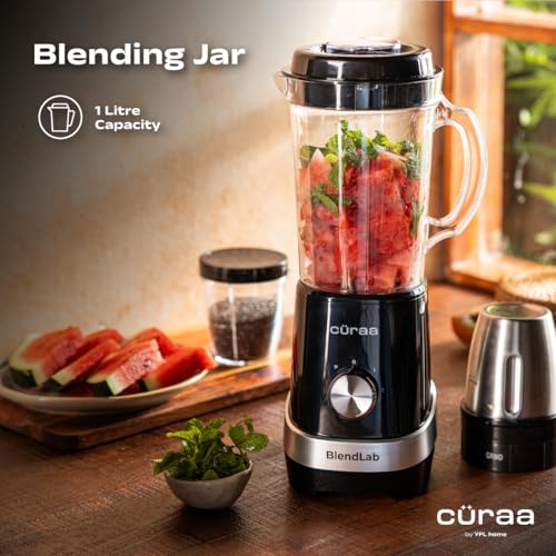 Image of Curaa BlendLab Mixer Grinder for kitchen 4 Jars 100% Copper Motor Stainless Steel Jar for Spice Grinding & Chutneys Compact Smoothie Blender Smoothies Maker 2 Year Warranty, 400w