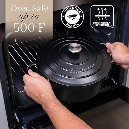 Image of Cast Iron Pot with Lid-Non-Stick Ovenproof Enamelled Casserole Pot, Oven Safe up to 500 F-Sturdy Dutch Oven Cookware - Black, 5-Quart, 24cm-by Nuovva