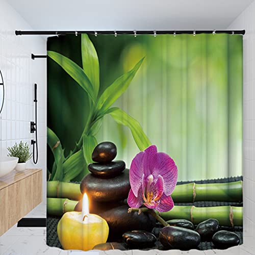 Duschvorhang Bad Vorhänge wasserdichte Mehltau Waschbar Dekoration Wasser Grün Bambus Stein Duschvorhange 180x180cm Mit 12 Haken Cover