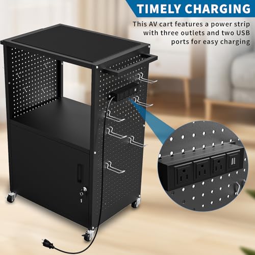 ERFEI AV Presentation Cart, Computer Cart with Charging Station, Metal Construction Rolling Storage Cart with Anti-Slip Mat & 4 Wheels, Media Cart with 12 Hooks for School Classroom Office, Black - Thumbnail 3