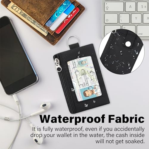 minimalist small wallet for men women with 2 zip pockets multi functional id case with keychain and card holder coin purse badge lanyard pouch for boys girls travel -black