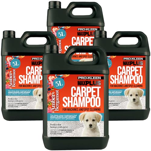Pro-Kleen MAXPLUS Carpet Shampoo Cleaner – Premium Formula to Remove Dirt, Stains & Marks – Removes Pet Deposits & Odours – Suitable for all Machines (Amber & Bergamot Fragrance, 4 x 5 Litres)