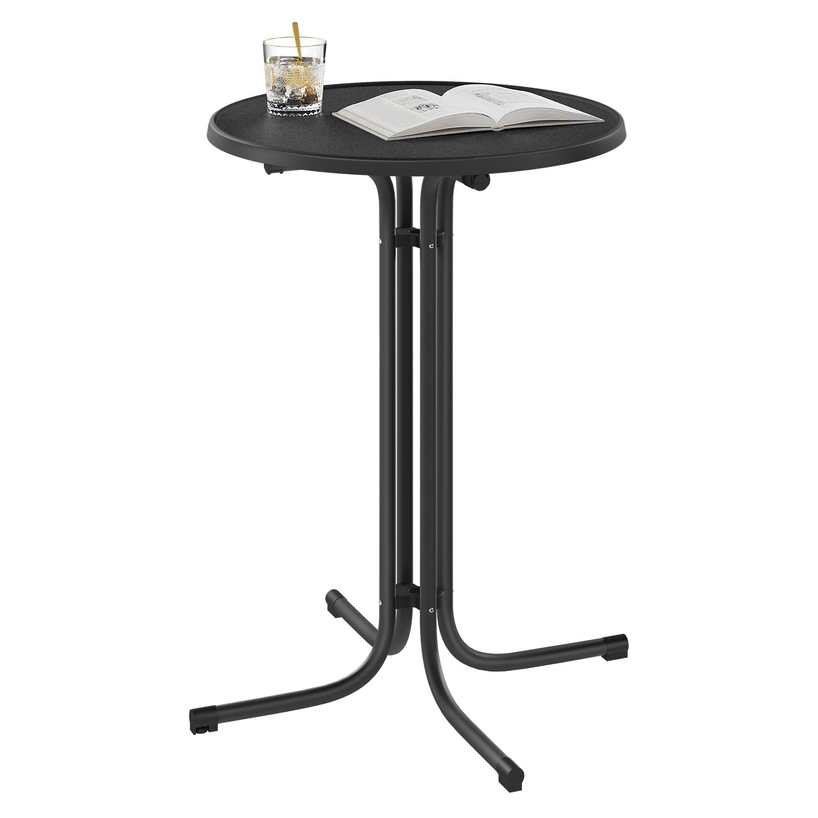 WOLTU Table de Bar Ronde et Haute, Mange Debout Extérieur à Cadre en Métal, avec Housse Élastique et Plateau Pliant en Bois d'Ingénierie, Ф80 x 110cm, Noir Mat