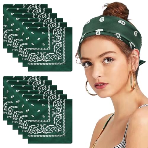 Lot de 12 bandanas pour homme et femme - Foulard en velours - Motif cachemire - Foulard de cowboy - Bandana pour cheveux (55 x 55 cm), vert foncé, 55*55