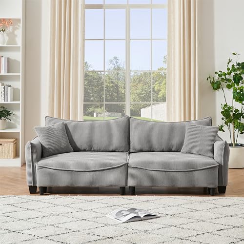 Image of 87.79”Convertible Sofa Bed, Deep Seat Sofa, Corduroy Sofa, Lounge Sofa, Modern Couch, Cloud Couch, Loveseat Sectional, Sofas for Living Room, Small Sectional Couches for Small Spaces (Gray)