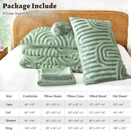 Image of Nesker Boho Tufted Full Comforter Set, 7 Pcs Sage Green Bedding Sets, Soft Cozy Chic Bed in a Bag, Arch Pattern Shabby Bed Set All Season with Comforter, Fitted Sheet, Flat Sheet & Pillowcases