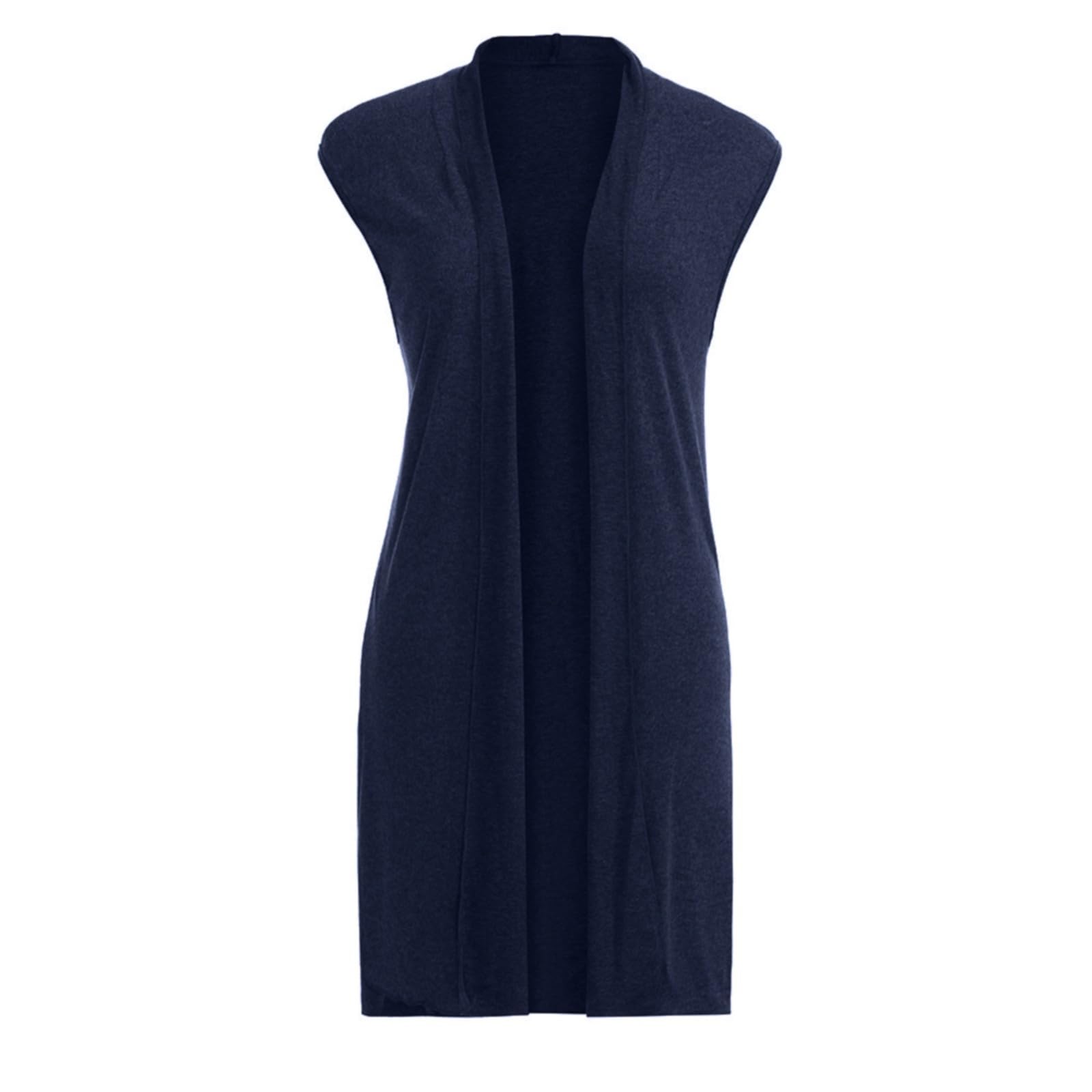 Chaqueta de punto para mujer de un solo color con frente abierto, chaleco de punto largo elástico, chaleco informal sin mangas, elegante, fino, sin mangas, abrigo de punto, cárdigan de punto monocolor