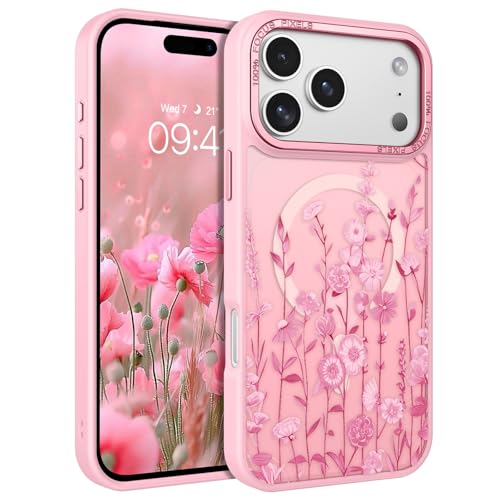 DOMAVER for iPhone 17 Pro Max Case, Magnetic Phone Case for iPhone 17 Pro Max [Compatible with MagSafe] Slim Fit Flowers Floral Design Shockproof Protective Bumper Women Men Girls Boys Cover - Pink