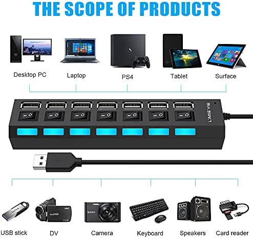 Multi Port USB Splitter, 7 in 1 USB 2.0 Hub with High Speed Individual ON/Off Switches with LEDs USB Hubs
