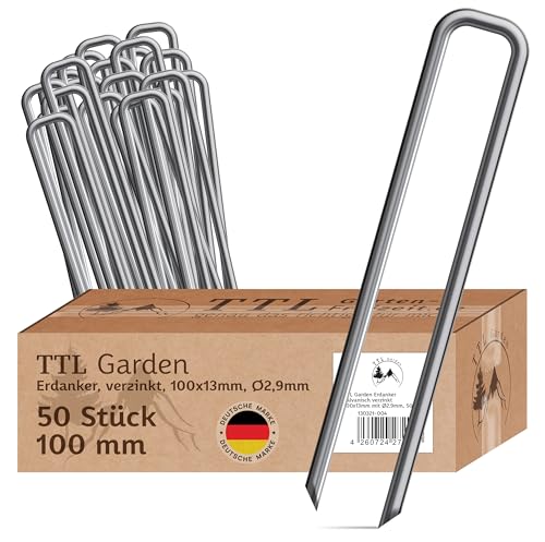 TTL Garden - Lot de 50 piquets d'ancrage - 100 x 13 x Ø 2,9 mm - En acier au carbone galvanisé et trempé - Pour toile anti-mauvaises herbes, non-tissé de jardin, clôture, filet de protection contre