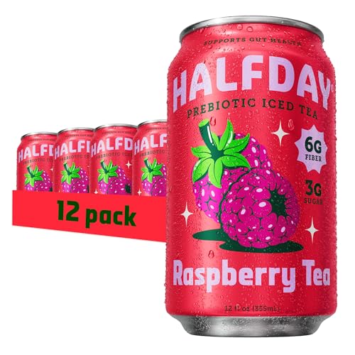 HALFDAY Prebiotic Raspberry Iced Tea Cans, Supports Digestive & Gut Health, 6g Plant Fiber & Prebiotics, Low Sugar, 35 Calories, Real Brewed Tea, Natural Caffeine, Gluten Free, 12 fl oz (12 pack) Packaging May Vary