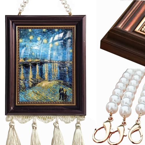 7x9 Inch Van Gogh The Starry Night Wall Art Poster with Pearl Chain and Tassel Canvas Brown Resin Framed Prints Home Decor Photo for Living Room Bedroom