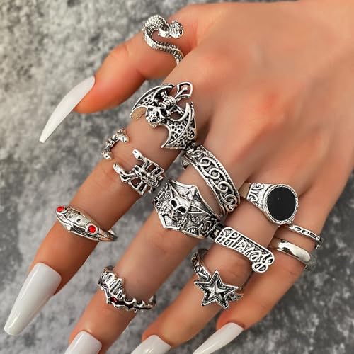 Image of IFKM Vintage Silver Knuckle Rings Set for Women, Stackable Joint Finger Statement Rings Bohemian Retro Hollow Carved Midi Rings, Boho Halloween Skeleton Skull Snake Heart Chunky Stacking Rings Pack