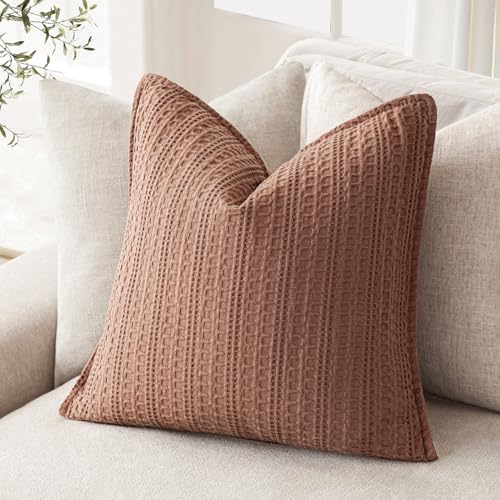 Image of Foindtower Set of 2 Decorative Cotton Waffle Weave Throw Pillow Covers Euro Shams Cushion Covers Accent European Pillowcase for Bed Couch Sofa Bedroom Living Room Home Decor 22x22 Inch Coral Pink