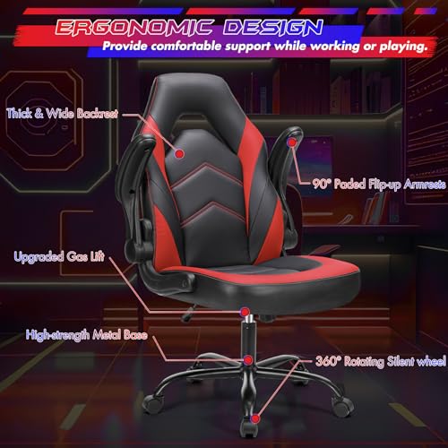 Image of Sweetcrispy Computer Gaming Chair: PU Leather Ergonomic Lumbar Support with Flip-up Armrest and 360 Swivel Wheels, Height Adjustable Task Home Office Desk Video Racing, Red
