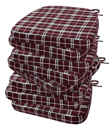 Image of AAAAAcessories D-Shaped Chair Cushions, 2 inch Thick Dining Chair Pads with Ties and Removable, Machine-Washable Cover, 17 inch x 16 inch, Set of 8, Red Checkered