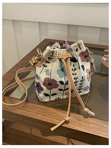 SweatyRocks Women's Floral Print Canvas Bucket Bag Drawstring Mini Crossbody Purses3