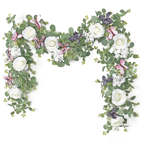ASTNIC 2Pcs 5.9 Ft Artificial Rose Vine Fake Flower Garland White Rose Hydrangea Vines with 3D Butterflies Hanging Floral Eucalyptus Garland for Wedding Party Background Arch Table Wall Home Decor