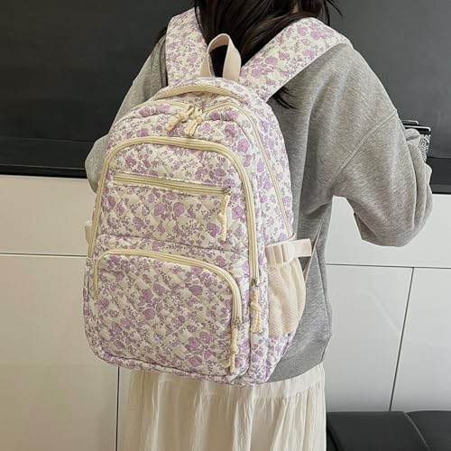 Coquette Backpack Aesthetic Floral Bookbag Large Quilted Daypack Cute 3PCS Bag Set with Crossbody Bag3