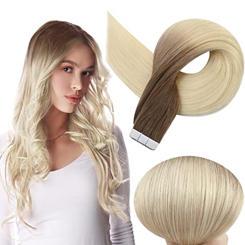 Full Shine Tape in Hair Extensions Human Hair Ash Brown to Platinum Blonde Tape in Extensions Human Hair 20 inch Seamless Blonde Human Hair Tape in Hair Extensions Straight Skin Weft 20pcs 50 grams