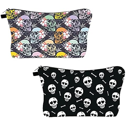 HOYOFO Stylish Makeup Pouch Set of 2 for Women Skull Print Make up Bag Small Cosmetic Bags for Purse, Skull Set 1 Cover