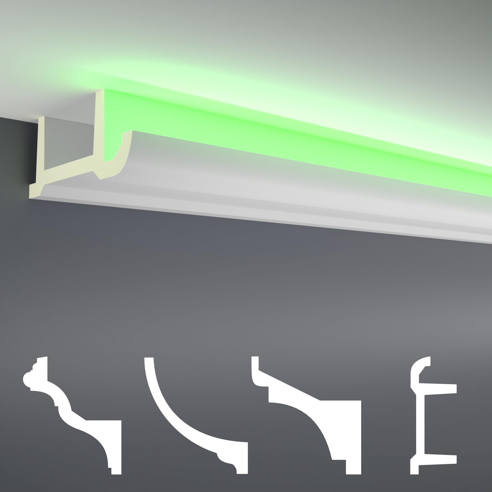 HEXIM LED stucco - Eclairage indirect avec moulures de plafond en PU, légères et opaques- (2m LED-17) Set de profilés de stucco