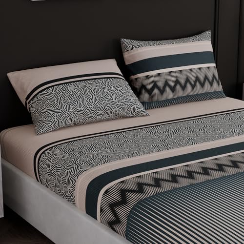 Image of BLISSHOME SoftTouch 150TC Cotton King Size Fitted Bedsheet with 2 Pillow Covers, Silky Smooth Bedding Set, Breathable, Easy Maintain, Geometric Pattern - Light Green (183cm x 198cm + 25cm Drop)