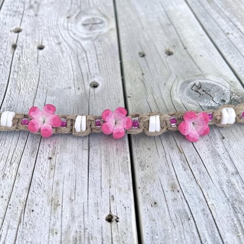 Tobillera de cáñamo BlueRica con conchas puka y cuentas rosas 2