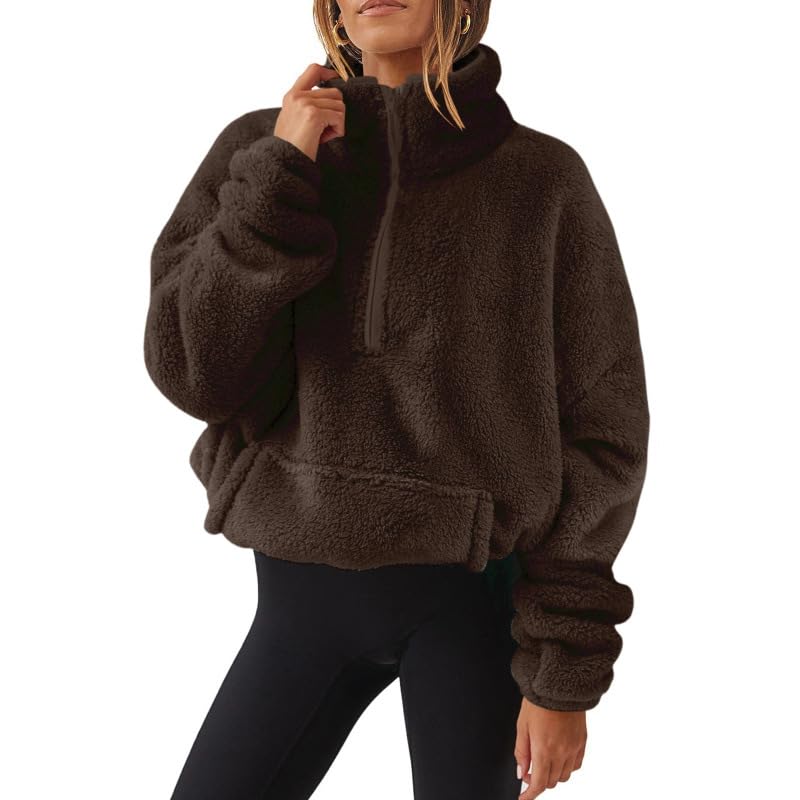 Women Half Zip Sherpa Fleece Pullover Cozy Soft Fall Winter Sweatshirt Stand Collared Baggy Long Sleeve Sweater