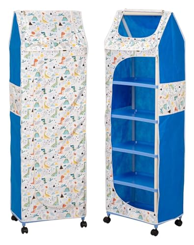 Image of SUBEKYU Kids Plastic Wardrobe Rack with Removable Cover, Baby Clothes Organizer & Storage Cabinet, Plastic Office Rack, White, Dinosaur