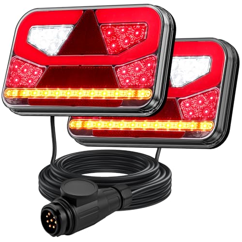 Justech 2PCS Feux Arrière à LED pour Remorque 12-30V Approuvé E-mark, avec Connecteur à 13 Broches et Câble de 5 m [Ne Convient pas aux Halogènes]