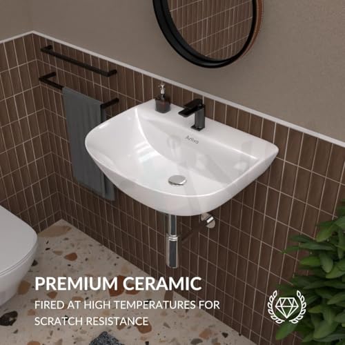 Image of Artiva Ceramic Wash Basin for Bathroom /Wall Hung Basin /Basin for Bathroom, Hotel /White Wallmount Sink / (White Colour 16 x 12 x 5 Inch)