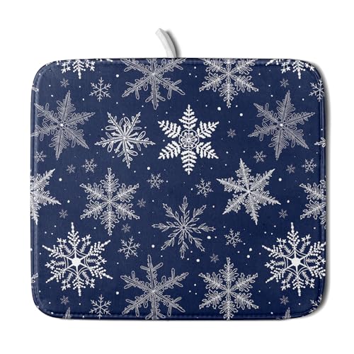 Sphragiyn Winter blue Snowflake Dish Drying Mat for Kitchen Counter Holiday Super Absorbent Reversible Microfiber Kitchen Countertop Protector Dishes Pad Small 16x18 inch