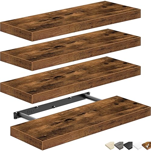 Image of QEEIG Floating Shelves for Wall Bathroom Shelf Bedroom Kitchen Living Room Farmhouse Small Book Shelf 16 inch Set of 4, Brown (015-BN4)