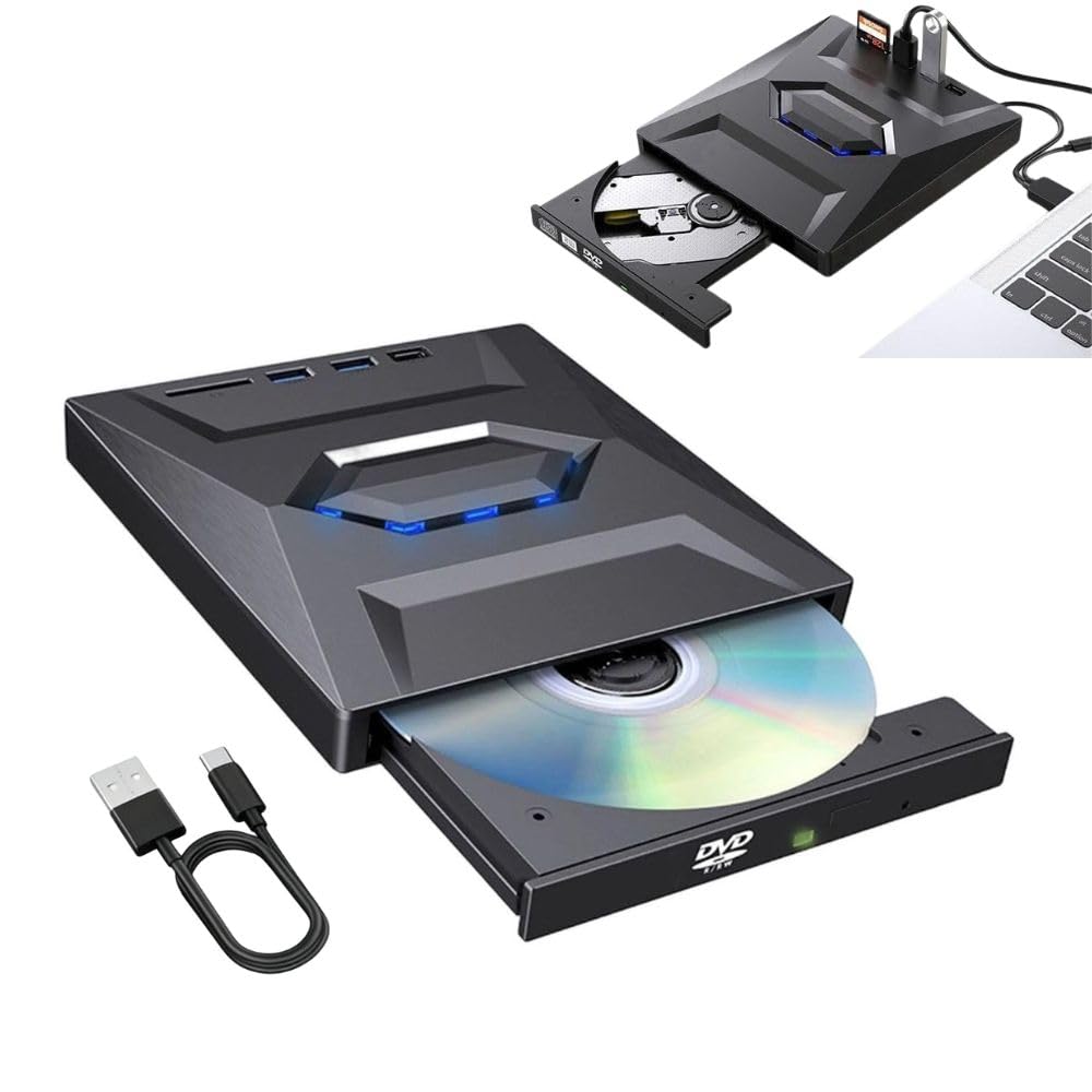 Generico Lettore Blu-ray Esterno 7-in-1, USB 3.0 e Type-C, con Lettore SD/TF e 3 Hub USB, Masterizzatore DVD Portatile Sottile per MacBook, Laptop, PC Windows
