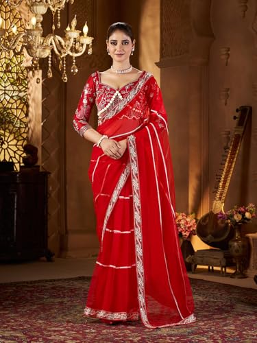Image of Pandadi Saree Women's Net Embroidery Work Saree With Unstitched Blouse Piece