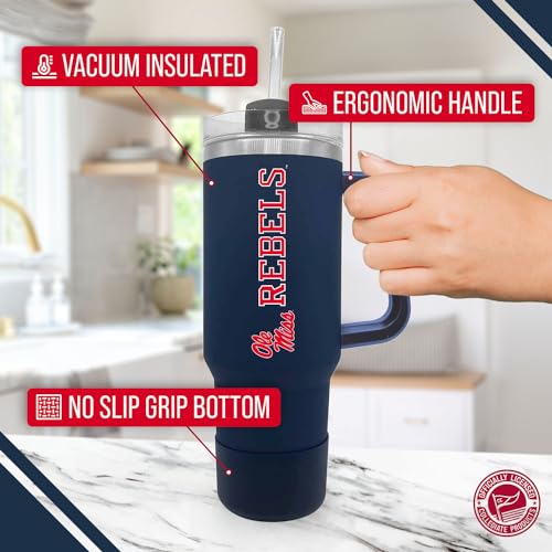 Image of Campus Colors College & University 40 oz Travel Tumbler With Handle - Dual Option Lid With Straw - Vacuum Insulated Stainless Steel (Ole Miss Rebels - Navy)