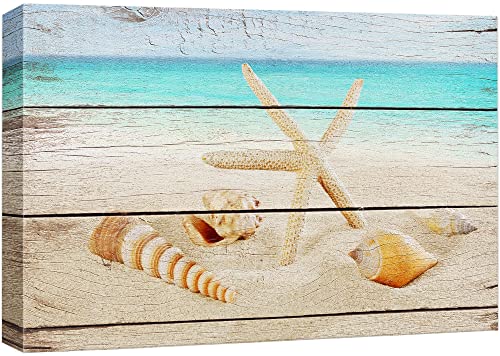 wall26 Canvas Print Wall Art Starfish & Seashell Shore on Wood Panels Nature Wilderness Mixed Media Modern Art Rustic Relax/Calm Multicolor for Living Room, Bedroom, Office - 16