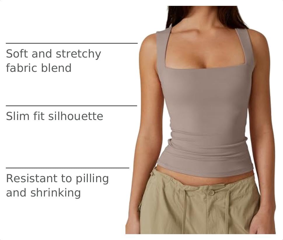 Image of QINSEN Women's Square Neck Sleeveless Double-Layer Tank Tops Basic Tight T Shirts