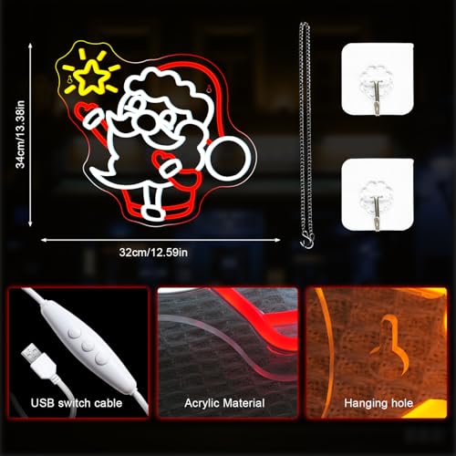Image of LUCUNSTAR Christmas Neon Sign Dimmable LED Santa Claus raises stars Light up Sign for Bedroom USB Powered Home Party Living Room Cafe Bar Outdoor Wall Decor