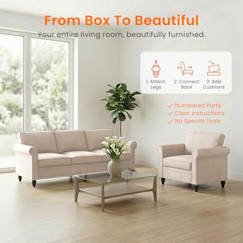Image of ijuicy 2-Piece Sectional Sofa Set, Modern Linen Couch Set -Beige | with 5 inch Thicken Cushion & Nailhead Trim, Living Room Furniture Set-Armchair and 3 Seat Sofa