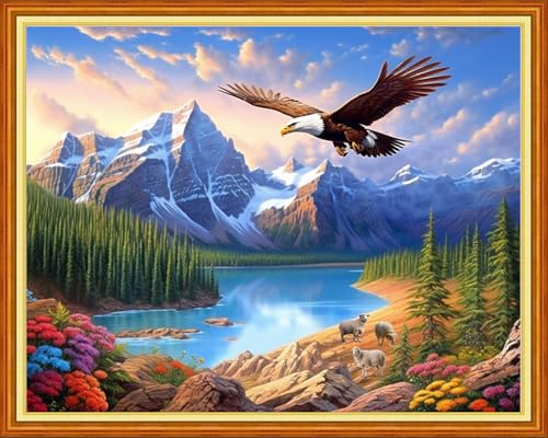 Image of Foxdiviy Stamped Cross Stitch Kits for Beginners Full Range of Cross Stitching 11 CT Printed Cross Stitch Kits for Adults Cross Stitch Patterns Needlepoint Kits-Eagle Landscape 16x20 inch