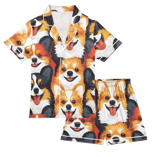 ALAZA Lovely Cartoon Dog Satin Pajamas Set Short Sleeve Button Down Sleepwear Summer Pjs 2 Piece