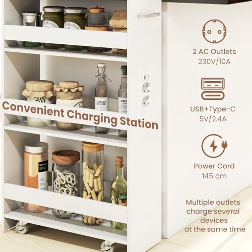 KOMFOTTEU Carro de Cocina de 4 Niveles, Carrito Auxiliar con Estación de Carga, Carrito Estrecho Ahorra Espacio con 4 Ruedas, Mueble de Almacenaje para Baño (Blanco y Natural, 47,5 x 20 x 80,5 cm) - imagen 4