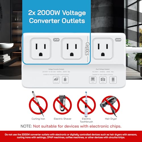 Image of Ceptics 220v to 110v Converter for Travel, 2000W Voltage Converter US to Europe with 3 AC outlets, 4 USB Ports (2X USB-C) and 6 SWadAPt attachments