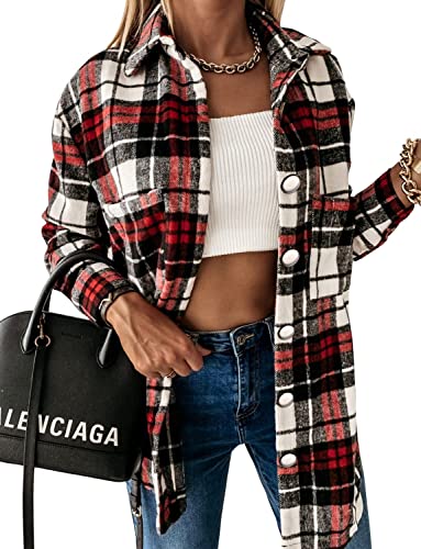 Women's Plaid Long Sleeve Shirt Casual Flannel Shirt Regular Fit with Two Pockets Wine red Large
